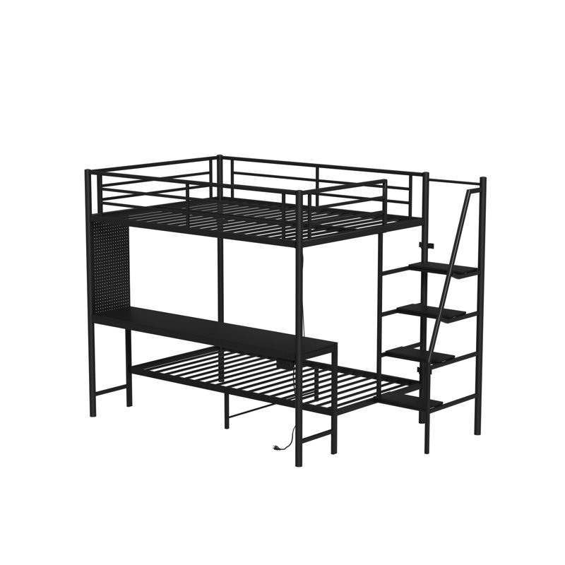 Full Size Loft Bunk Bed with Twin Top, LED Lighting and Charging Station, Black Metal