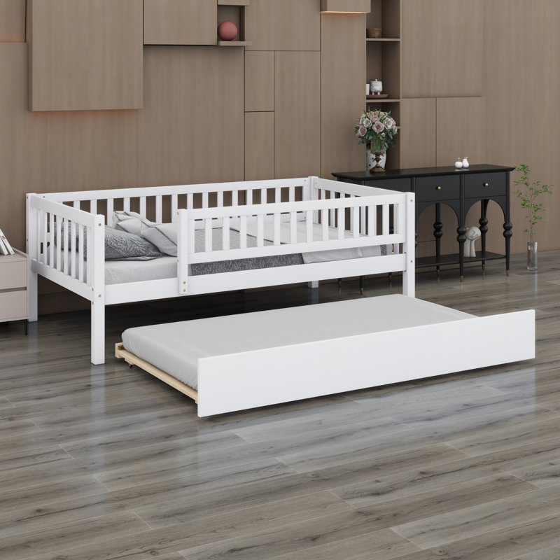 Wood Daybed With Trundle And Fence Guardrails, White