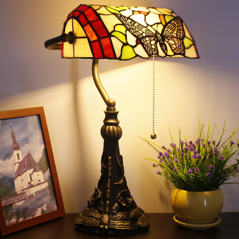Tiffany Banker Lamp Small Stained Glass Table Lamp Angle Adjustable Butterfly in Flower Style