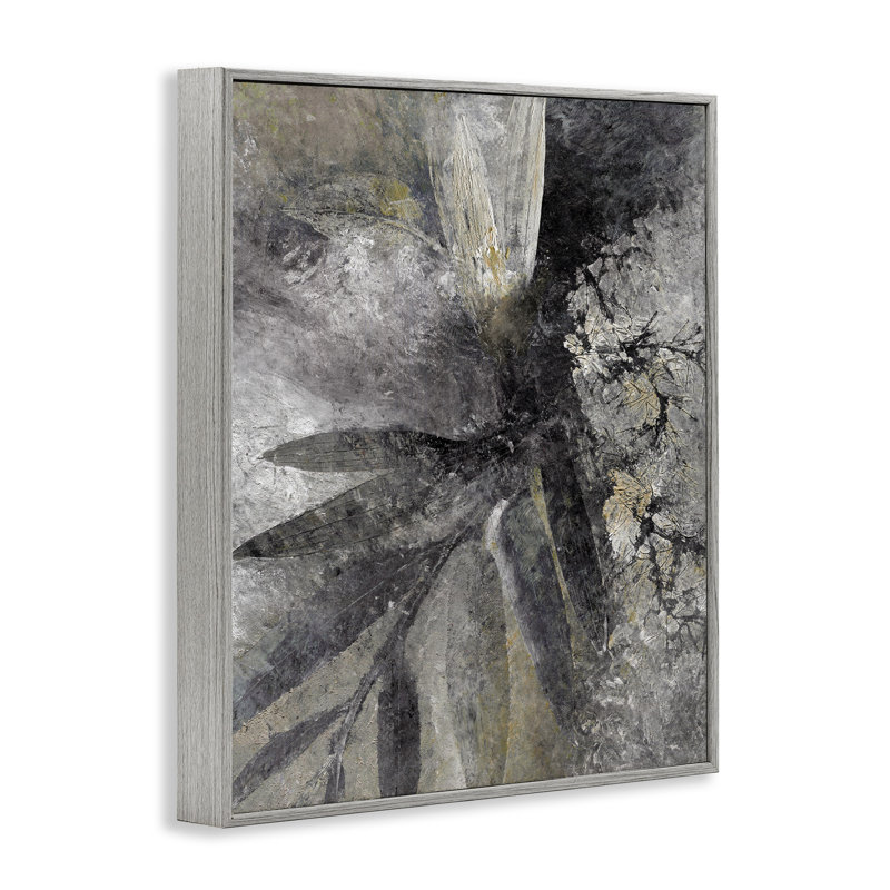 Gris abstrait botanique, impression sur bois, Encadré gris, H 20 po x l 16 po x P 1,5 po