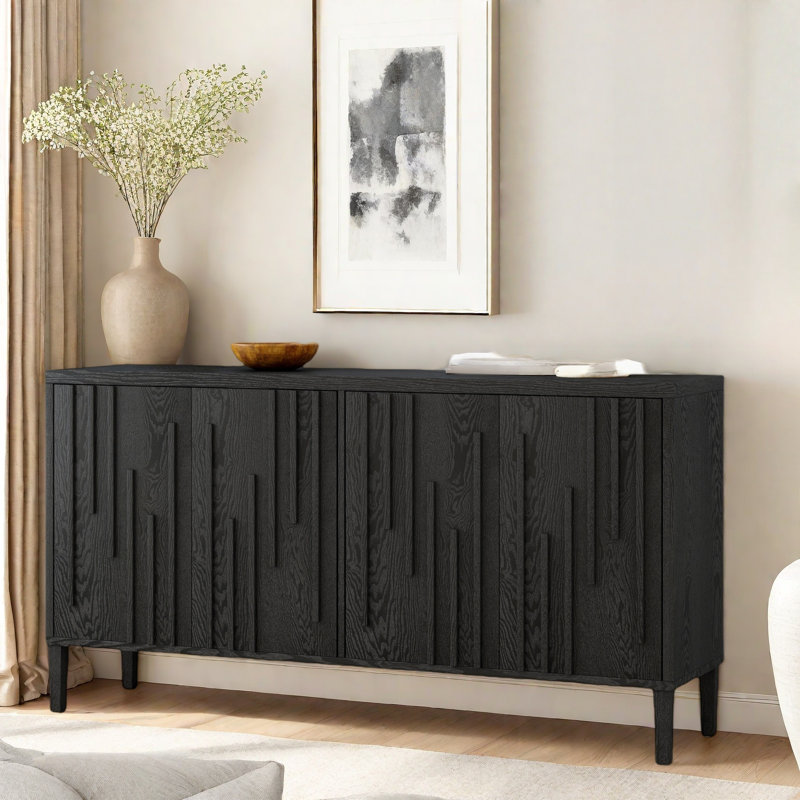 Farmhouse Sideboard With Hidden Handle And Distinctive Solid Ash Veneer, Black