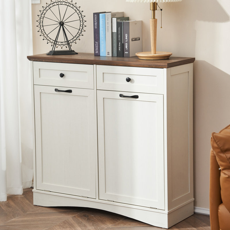 Double Tilt Out Trash Cabinet Freestanding Wooden Garbage Can Cabinet with Hideaway Drawers, 2x13 Gallons Pet Proof Garbage Can Holder for Kitchen Living Room