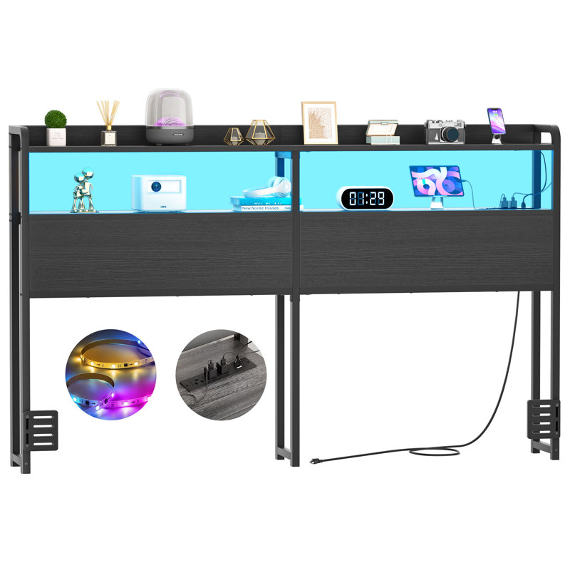 Storage Headboards With Outlets,USB Ports And LED Light, King, Black