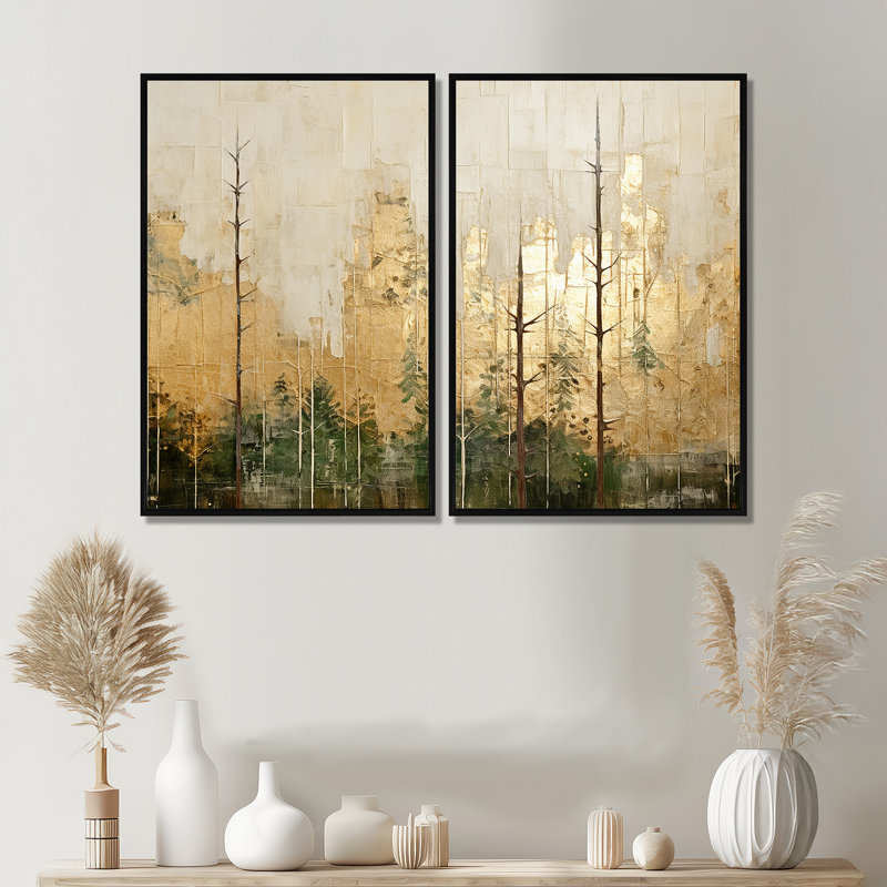 Minimalisme beige et forêt dorée I - décoration murale traditionnelle, Noir, H 36 po x l 48 po, Impression encadrée flottante