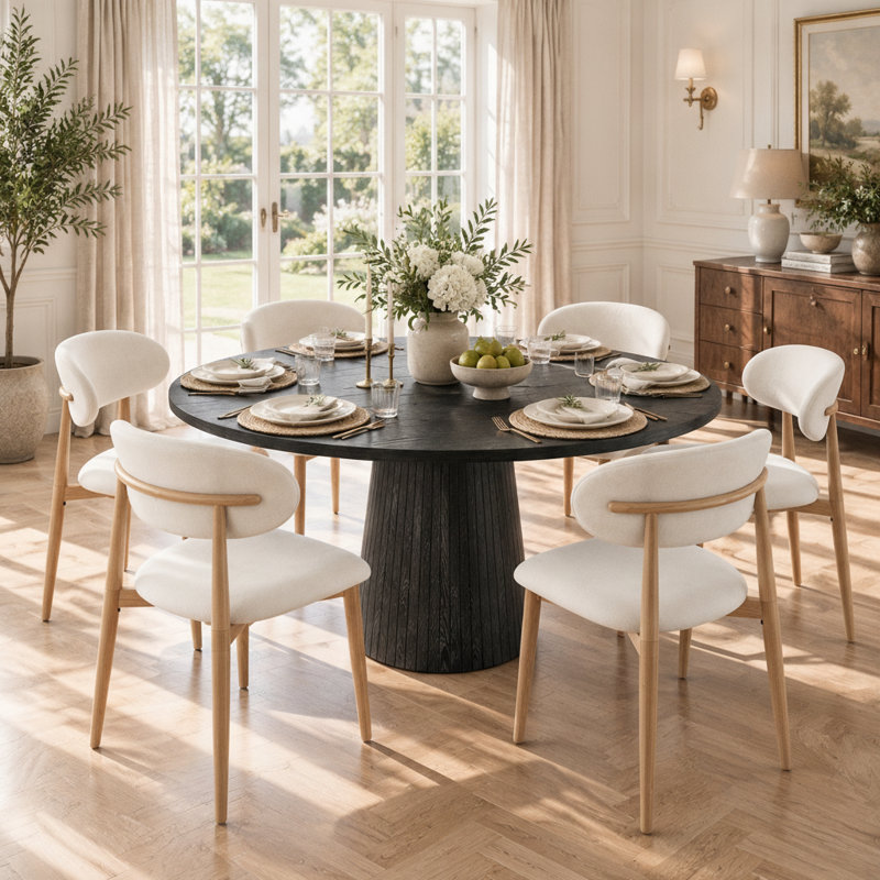 Ensemble de salle à manger moderne 7 pièces, table ronde de 119 cm avec pied central et 4 chaises rembourrées en tissu bouclé à dossier incurvé, pour cuisine ou salle à manger.
