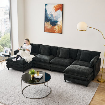 Chenille Wrap, 2 Movable Ottomans, 4 Cushions + 2 Throw Pillows, Vacuum-Compressed 3-Box Delivery, 6-Seat Luxury