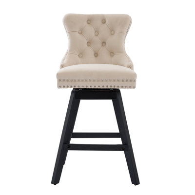 Tabourets de bar pivotants en velours avec décoration capitonnée et pieds en bois