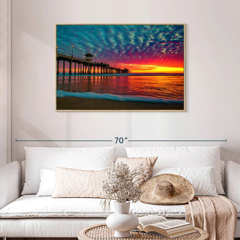 Colorful Huntington Dock, Floating Frame Natural Wood, 43" X 29"