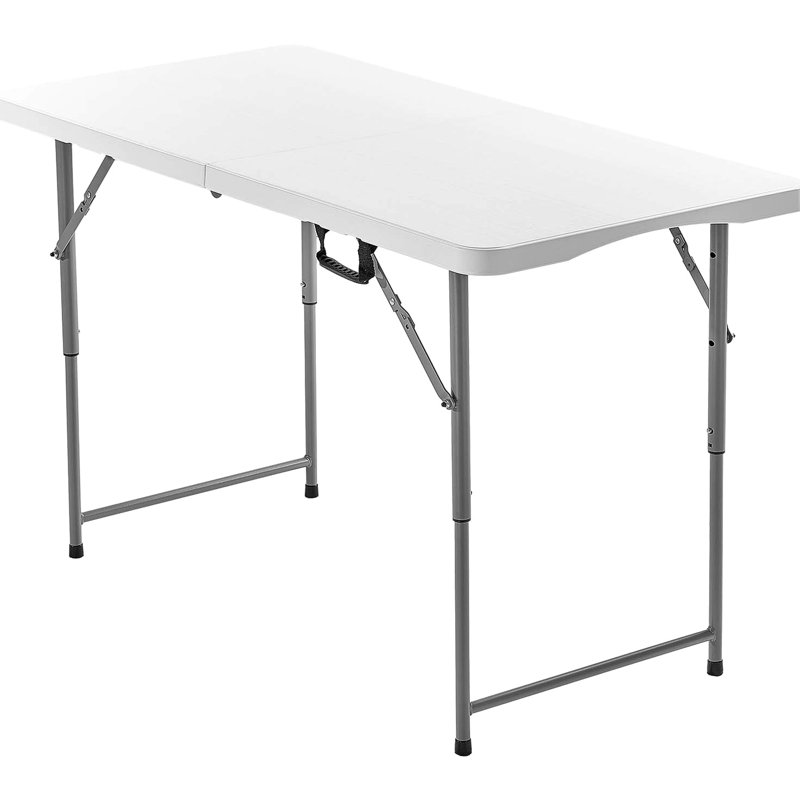 Table pliante portable en plastique de 120 cm avec poignée pour une utilisation intérieure et extérieure, spacieuse et pouvant accueillir jusqu'à 6 adultes, trois hauteurs réglables (48/61/74 cm), construction robuste et facile à monter.