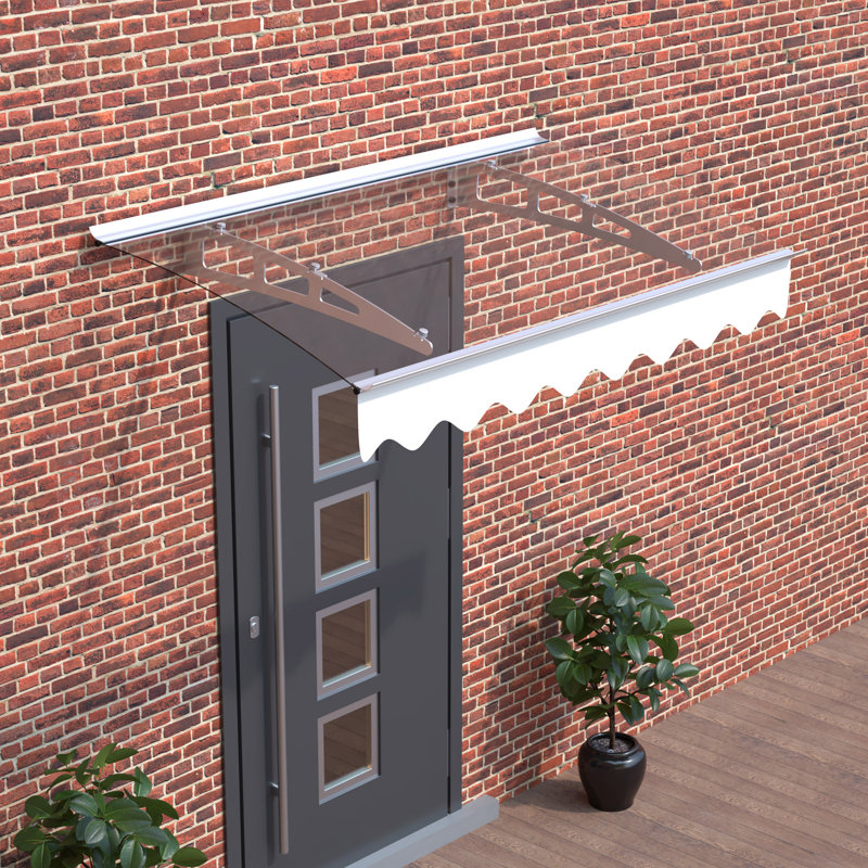 Door Window Awning Made Of 0.137 Inch Thick Crystal Solid Polycarbonate Sheet And Aluminum Alloy With Valance In Size Of 47" Wide X 34" Deep For Masonry Concrete Wall