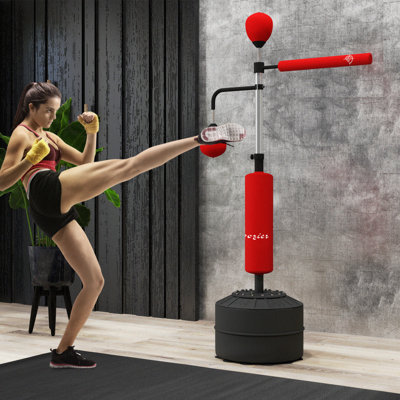 Sac de boxe 4 en 1 pour adultes, sac de boxe autoportant avec sac à 2 vitesses, équipement d'entraînement de boxe avec barre de relaxation à 360 °, sac Reflex, hauteur réglable, rouge