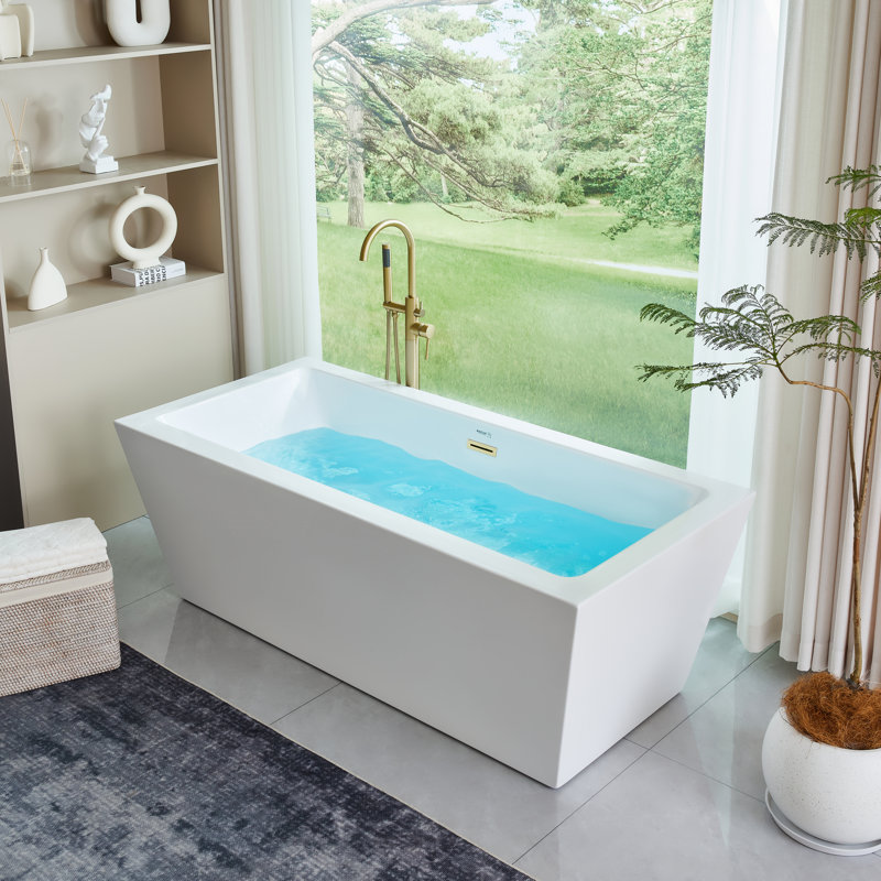 67" x 32" Freestanding Soaking Acrylic Bathtub, White/Titanium Gold