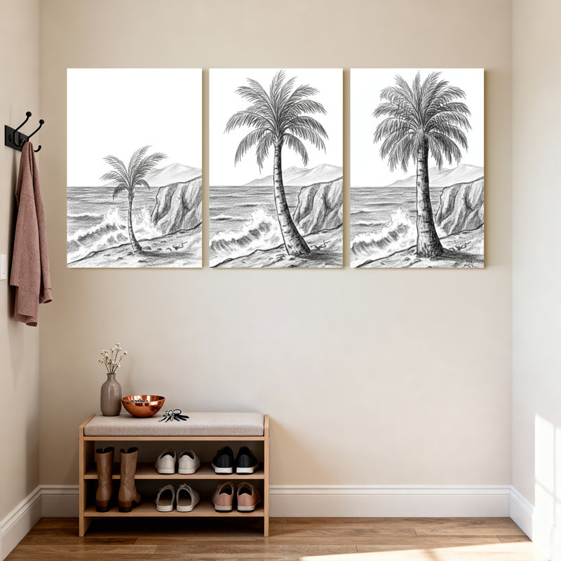 Palmiers, palmiers, vagues de l'océan, paysage de montagne, ensemble de 3 impressions sur toile, H 18 po x l 36 po