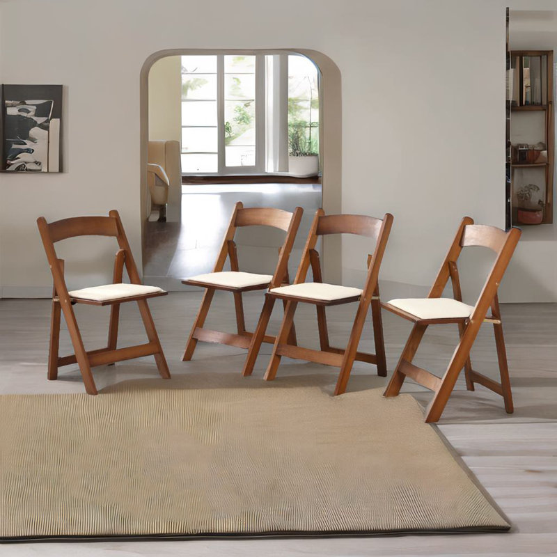 4pcs Upholstered Folding Chair, Beige/Walnut