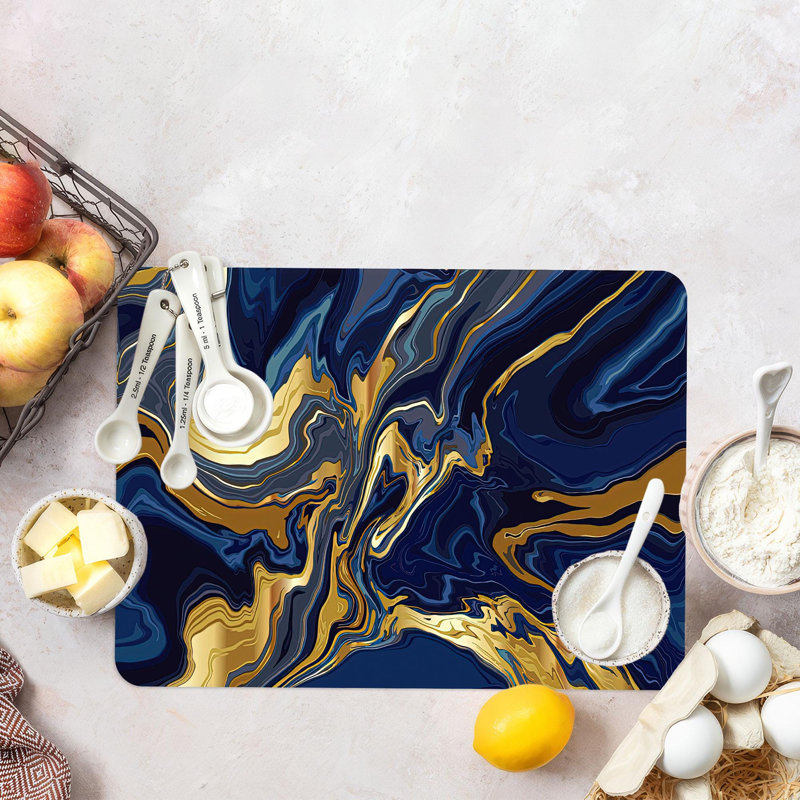 Blue and Gold Abstract Pattern Glass Art Print Featuring Alcohol Ink Design on a Tempered Glass-Like Background Ideal for Modern Home Decor