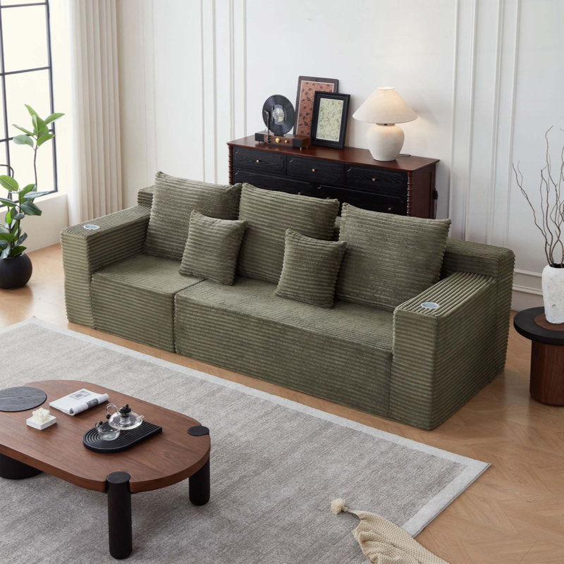 Canapé modulaire profond en velours côtelé avec porte-gobelets, aucun assemblage requis, H 30 po x l 109 po x P 40,5 po, 3