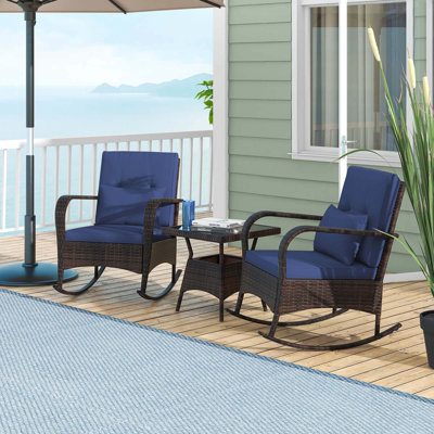 3 Pcs Rocking Bistro Set With Removable Cushions & Tempered Glass Top Coffee Table by Winston Porter