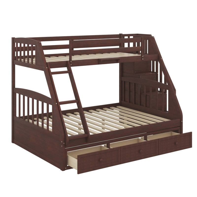 Lit superposé simple au dessus d'un lit double contemporain en bois avec escalier de rangement et échelle à 3 tiroirs