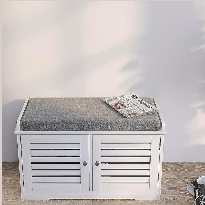 Banc de rangement pour chaussures avec coussin de siège rembourré, banc d'entrée avec 2 portes de grange