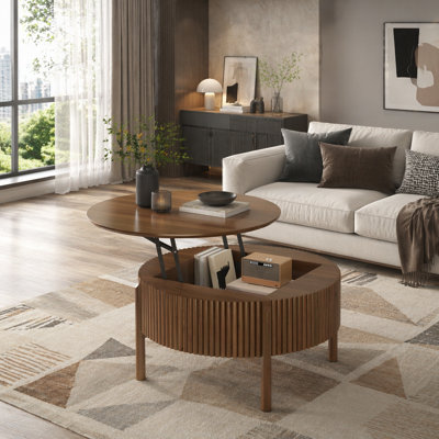 Round Lift-Top Coffee Table with Half Flip-Top & Hidden Storage, Solid Wood Mid-Century Coffee Table with Fluted Design