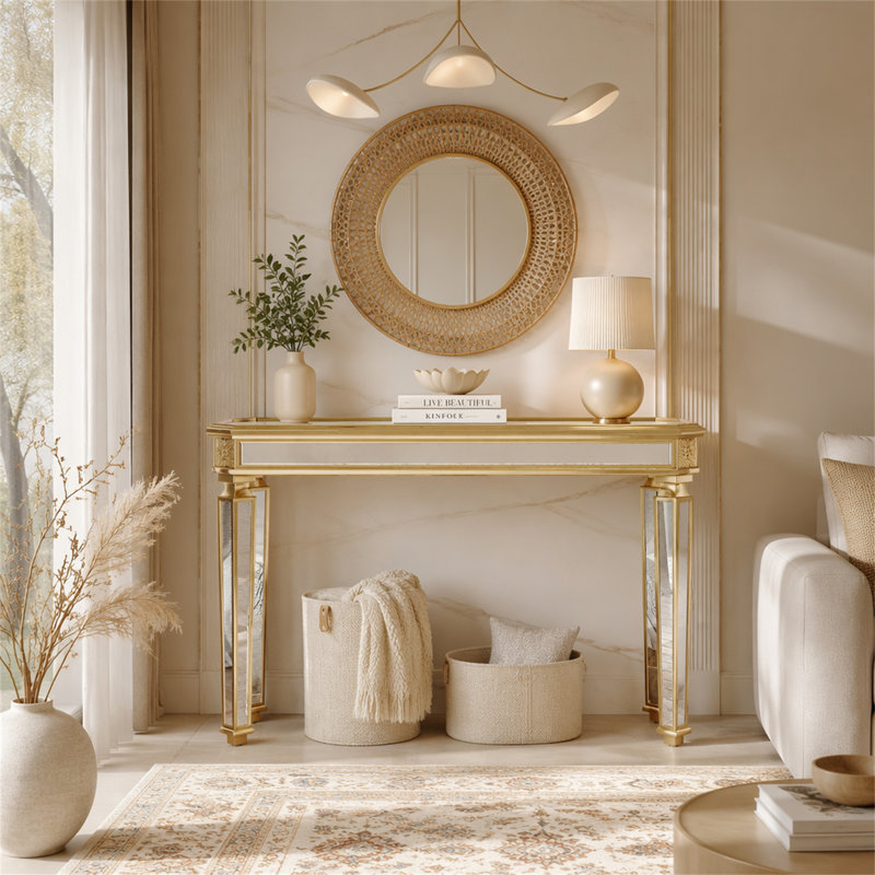 Miroir console rétro en grain de bois, H 32,68 po x l 48 po x P 14 po, Argent / or, argent, Or, argent