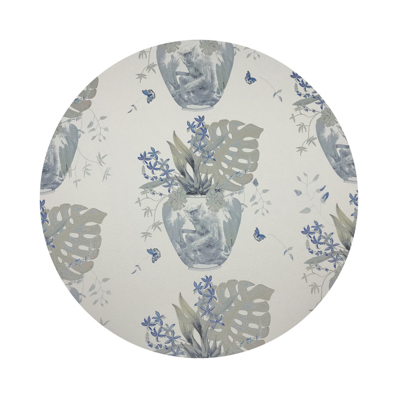 Monkey Small Jungle Vegan Leather Round Pebble Placemat, Powder