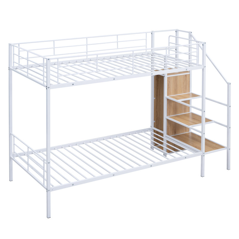 Caitlynn Metal Bunk Bed with Storage Stairs, Twin Over Twin, White