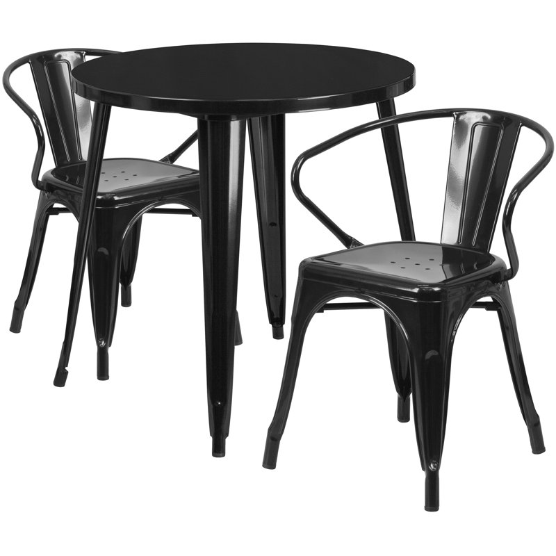 Duluth 30'' Round Metal Indoor-Outdoor Table Set with 2 Arm Chairs, Black, 29.50" H x 30" W x 30" L