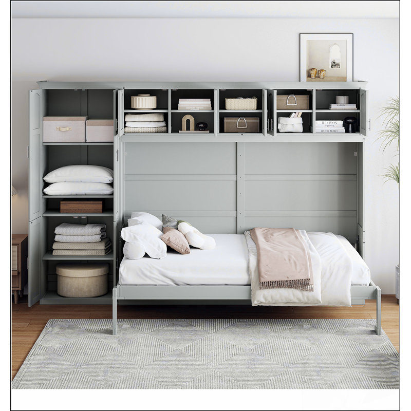 Grand lit escamotable mural avec armoires, gris, Gris