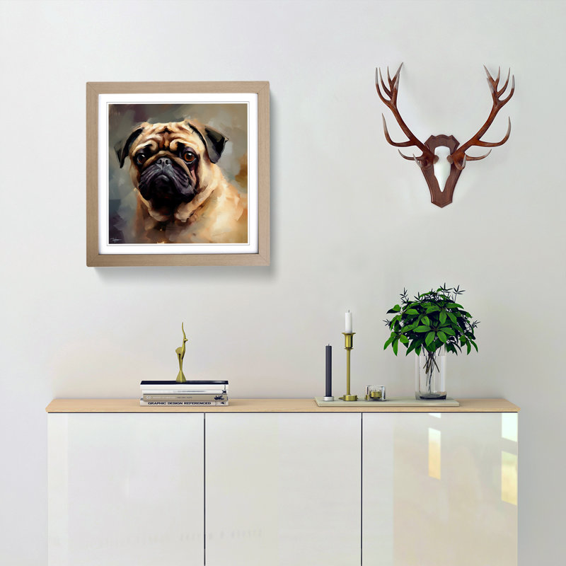 Pug Gestural No.1 - Single Picture Frame Print on Wood, Oak