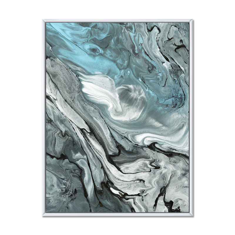 Marbre noir et bleu abstrait I - peinture sur toile, Cadre blanc, H 33 po x l 25 po