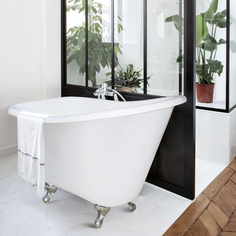 Kingston Brass Tazatina 51-Inch Cast Iron D-Shaped Single Slipper Clawfoot Tub (No Faucet Drillings), Brushed Nickel