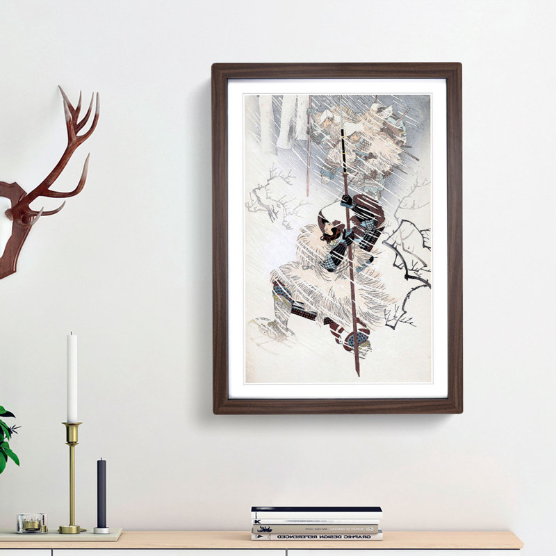 Warrior in the Snow by Toyohara Chikanobu - Framed Print, 48cm H x 36cm W x 2cm D, Walnut Framed