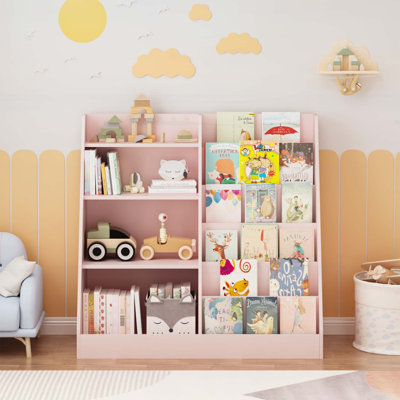 Étagère de rangement pour jouets et étagère New Kids, étagère en bois multifonctionnelle à 4 niveaux pour livres et jouets dans la salle de jeux ou la chambre de bébé (rose)