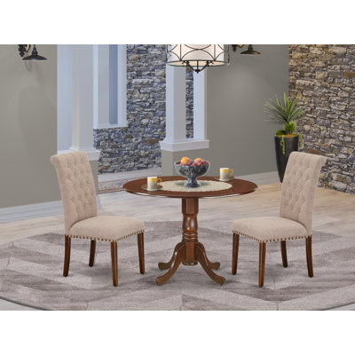 3 Piece Dining Room Furniture Set Contains a Round Dining Table with Dropleaf and 2 Light Tan Linen Fabric Parsons Chairs, 42x42 Inch, Mahogany