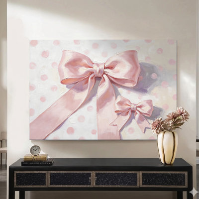 Pink Bows on Polka Dots Coquette Canvas Wall Art, 24" x 36" Gallery Wrapped Canvas Print, Pink & White Novelty Wall Decor for Bedroom, Living Room & Home Office