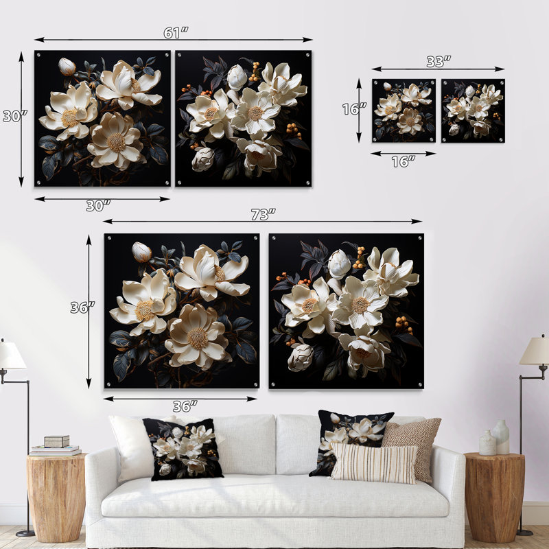 Magnolias émergent de l'ombre en noir, H 36 po x l 73 po