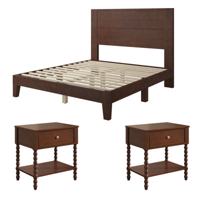 Ensemble de chambre à coucher en bois massif 3 pièces avec cadre de lit double et 2 tables de chevet tournées, noyer