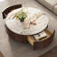 Table basse 35,4 po ronde en bois avec 2 rangements, table basse moderne avec finition faux marbre et base en placage de noyer