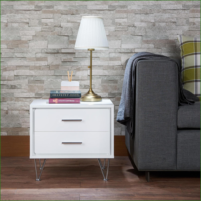 Table de chevet rectangulaire avec 2 tiroirs en bois Pieds chromés - Rangement peu encombrant Assemblage facile