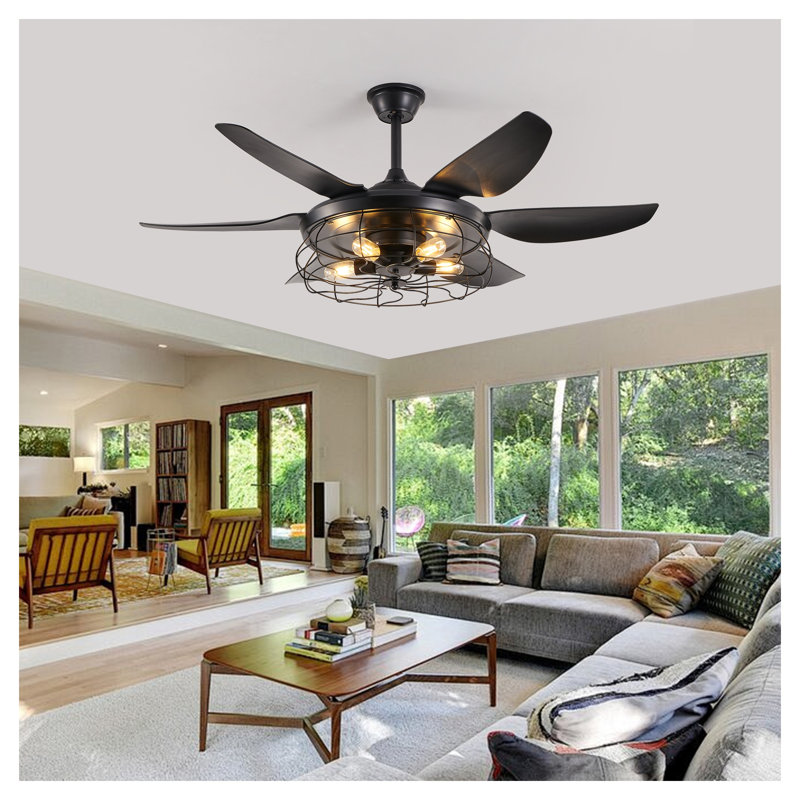Ventilateur de plafond industriel noir 52 po avec lumière - conception de cage moderne, moteur à courant continu à 6 pales, flux d'air réversible silencieux pour le salon et la chambre à coucher