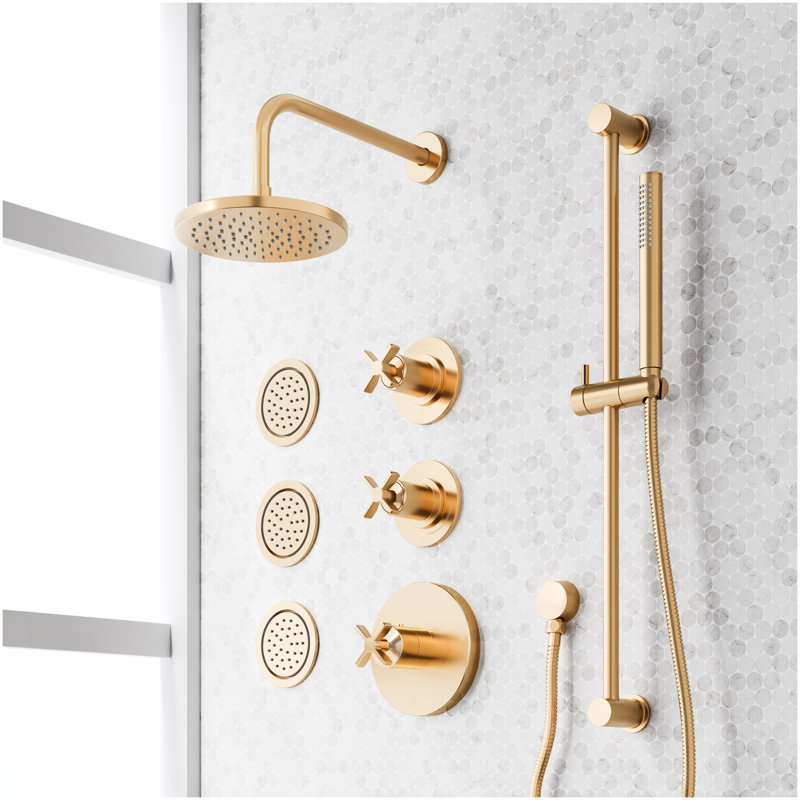 Vassor Thermostatic Shower System With 3 Body Sprays, Slide Bar and Hand Shower - Brushed Gold, Brushed Gold