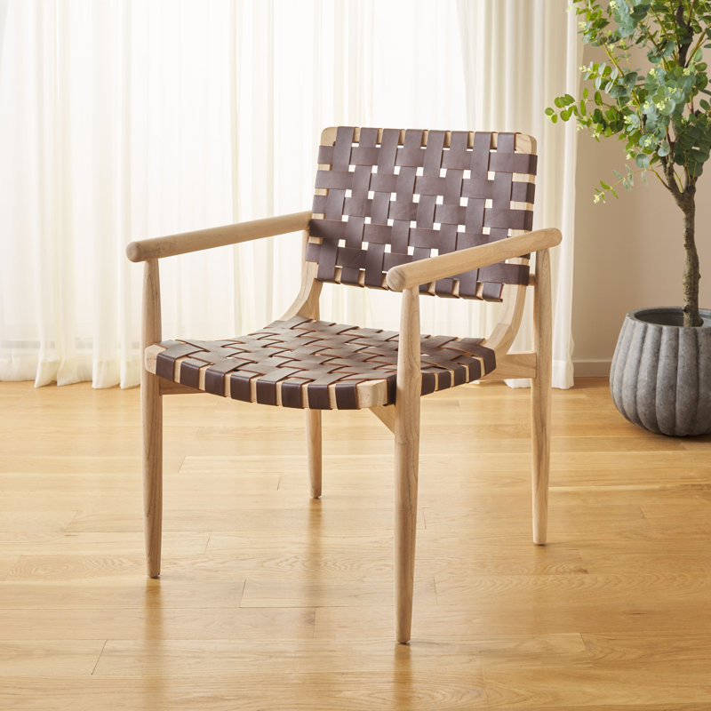 Keili Upholstered Armchair, Cognac Genuine Leather, Natural Sungkai Wood
