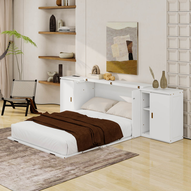 Grand lit escamotable avec tablettes, armoires et ports USB