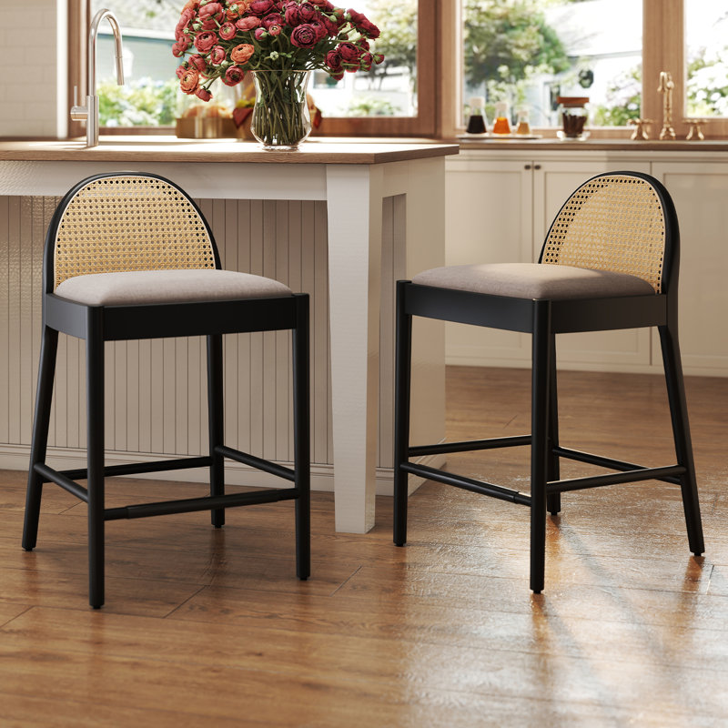 Emington Modern Stools with Rattan Backrests and Wood Frame, Counter Stool (26” Seat Height), Grey/Black