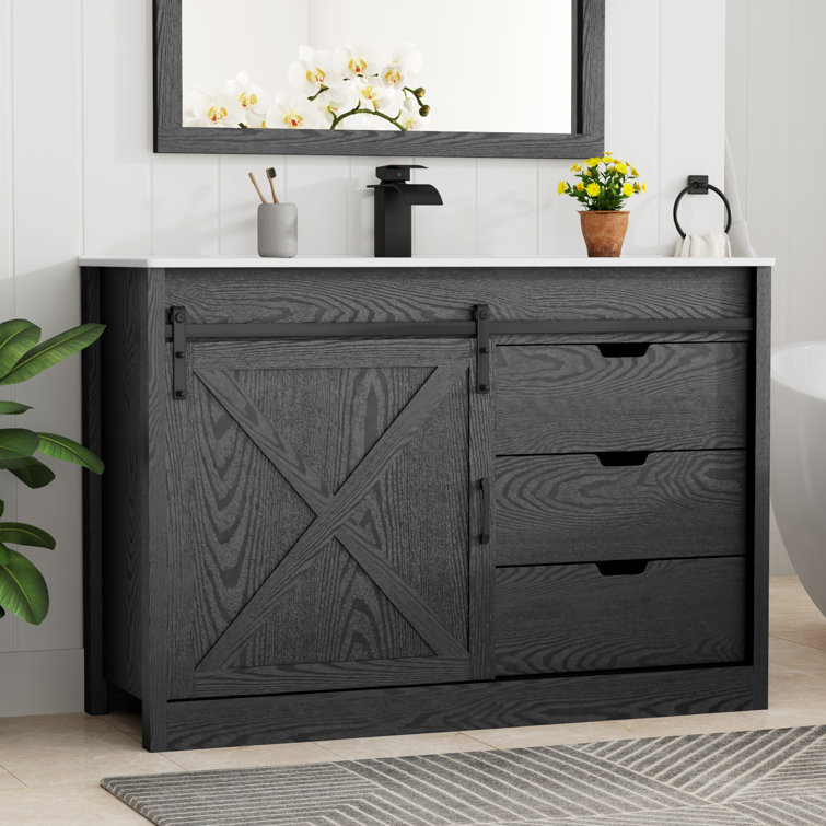 Bathroom Vanity With Sink, Faucet, Mirror, Sliding Barn Door, And Drawers