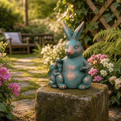 Sculptural Resin Rabbit Family Statues For Home Yard Decor - Charming Outdoor Decorative Piece Accent For Garden Patio Display - 11" Green & Gold