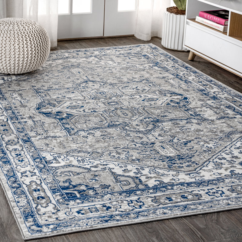 Lawton Modern Persian Vintage Medallion Light Gray/Navy Rug, Rectangle 10' x 14'1"