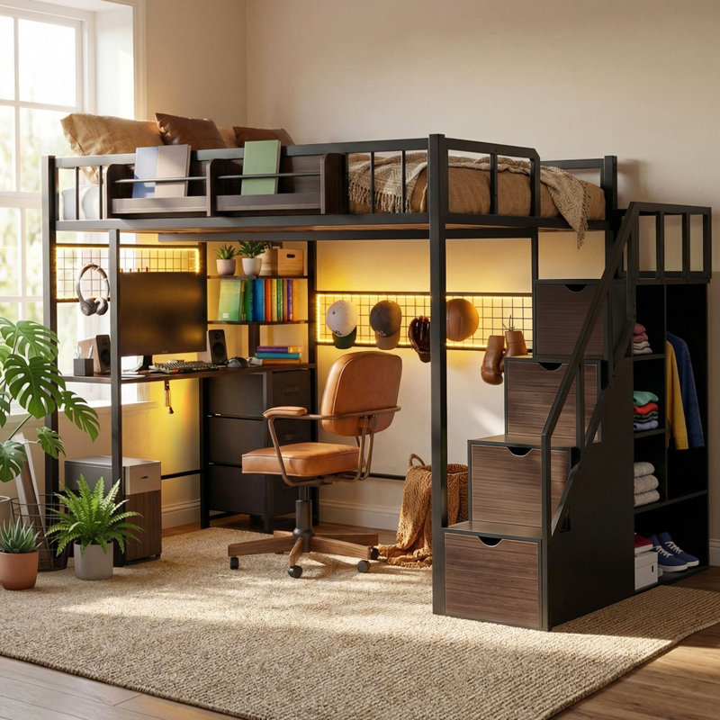 Loft Bed with Built-in Desk, Stairs and Wardrobe, Space-Saving Metal Frame with Charging Station, LED Lights and Storage for Adults