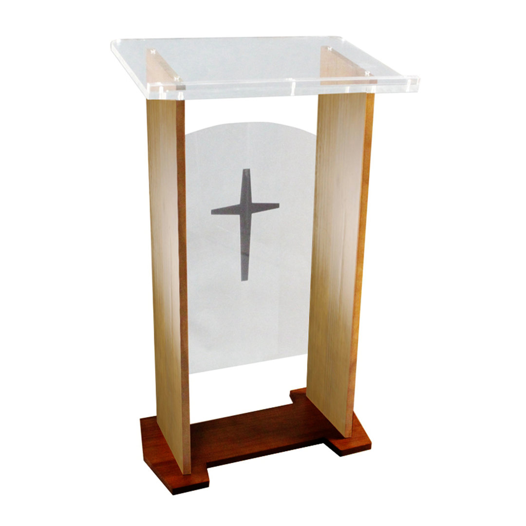 Wood Acrylic Podium, Optional Cross Plain Front Panel, 46.7" Height - Brown FixtureDisplays